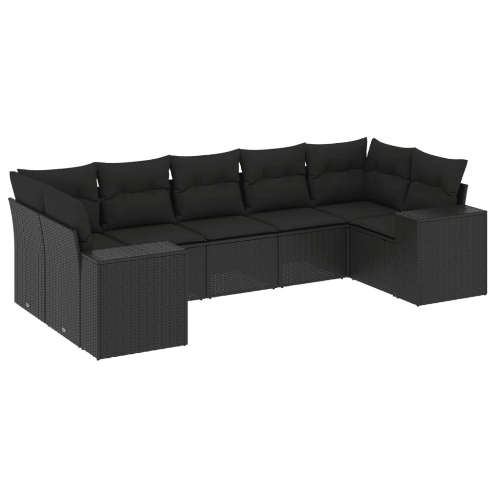 7 Piece Garden Sofa Set with Cushions Black Poly Rattan 3255322