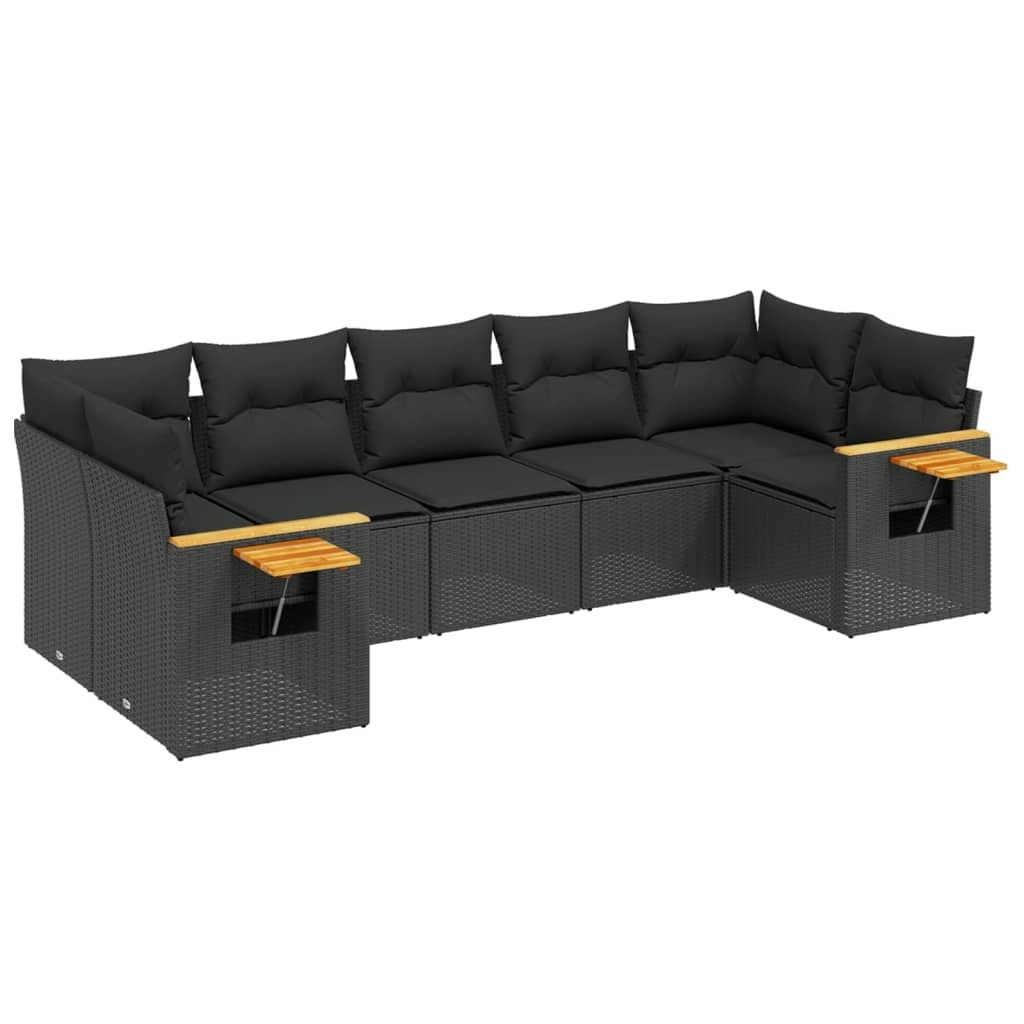 7 Piece Garden Sofa Set with Cushions Black Poly Rattan 3259507