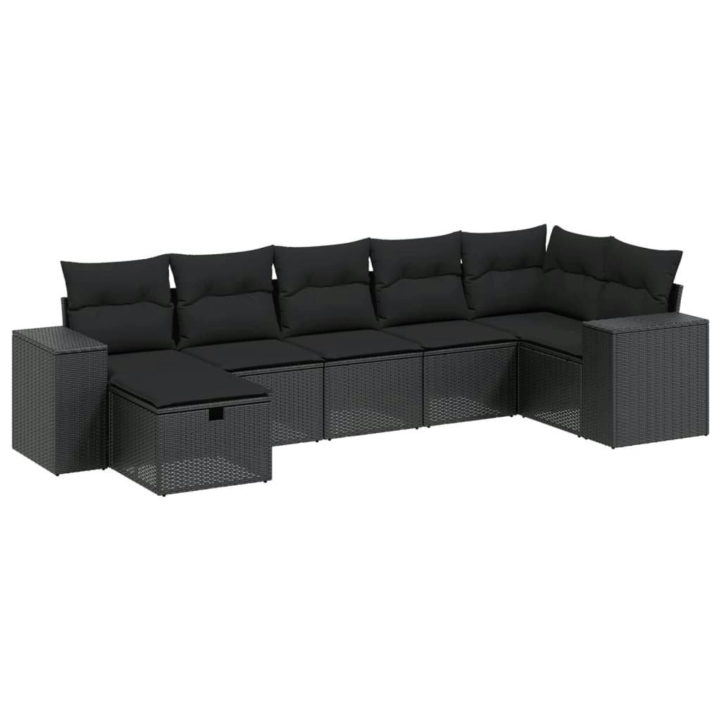 7 Piece Garden Sofa Set with Cushions Black Poly Rattan 3264431