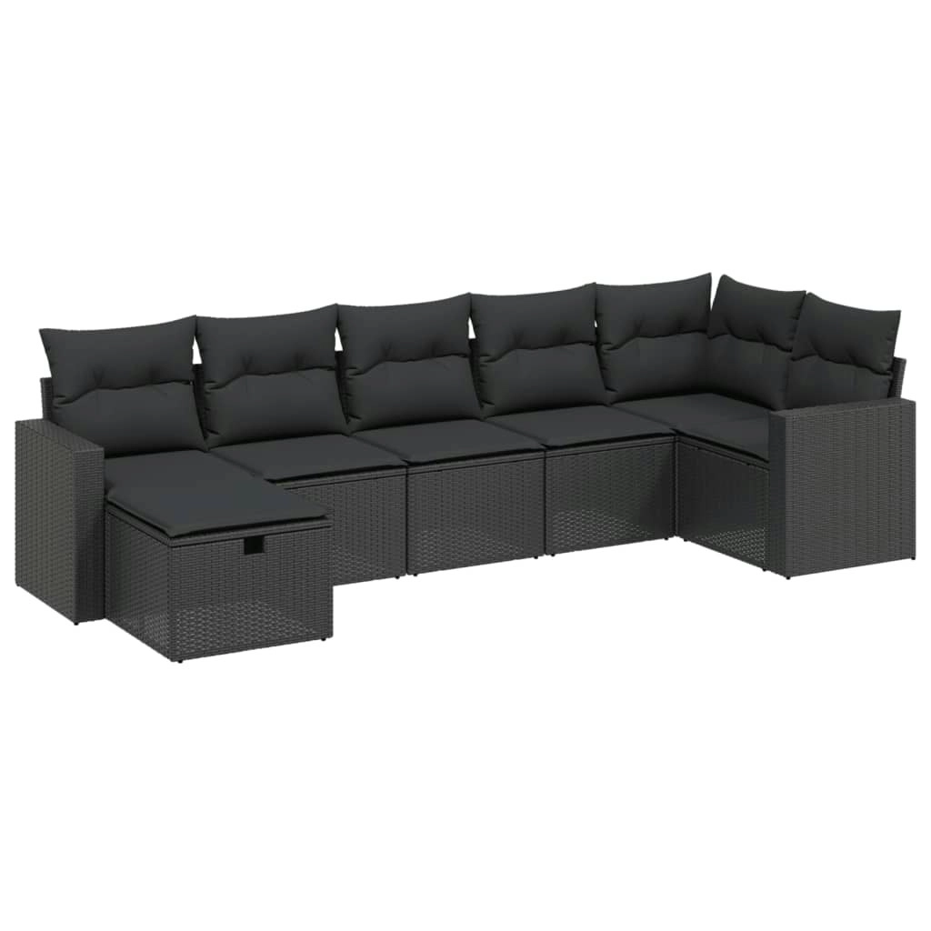 7 Piece Garden Sofa Set with Cushions Black Poly Rattan 3263501