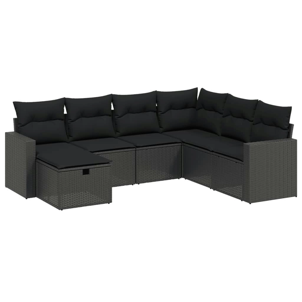 7 Piece Garden Sofa Set with Cushions Black Poly Rattan 3263521