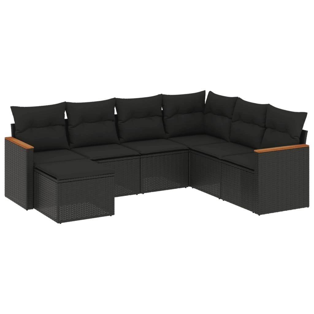 7 Piece Garden Sofa Set with Cushions Black Poly Rattan 3226202