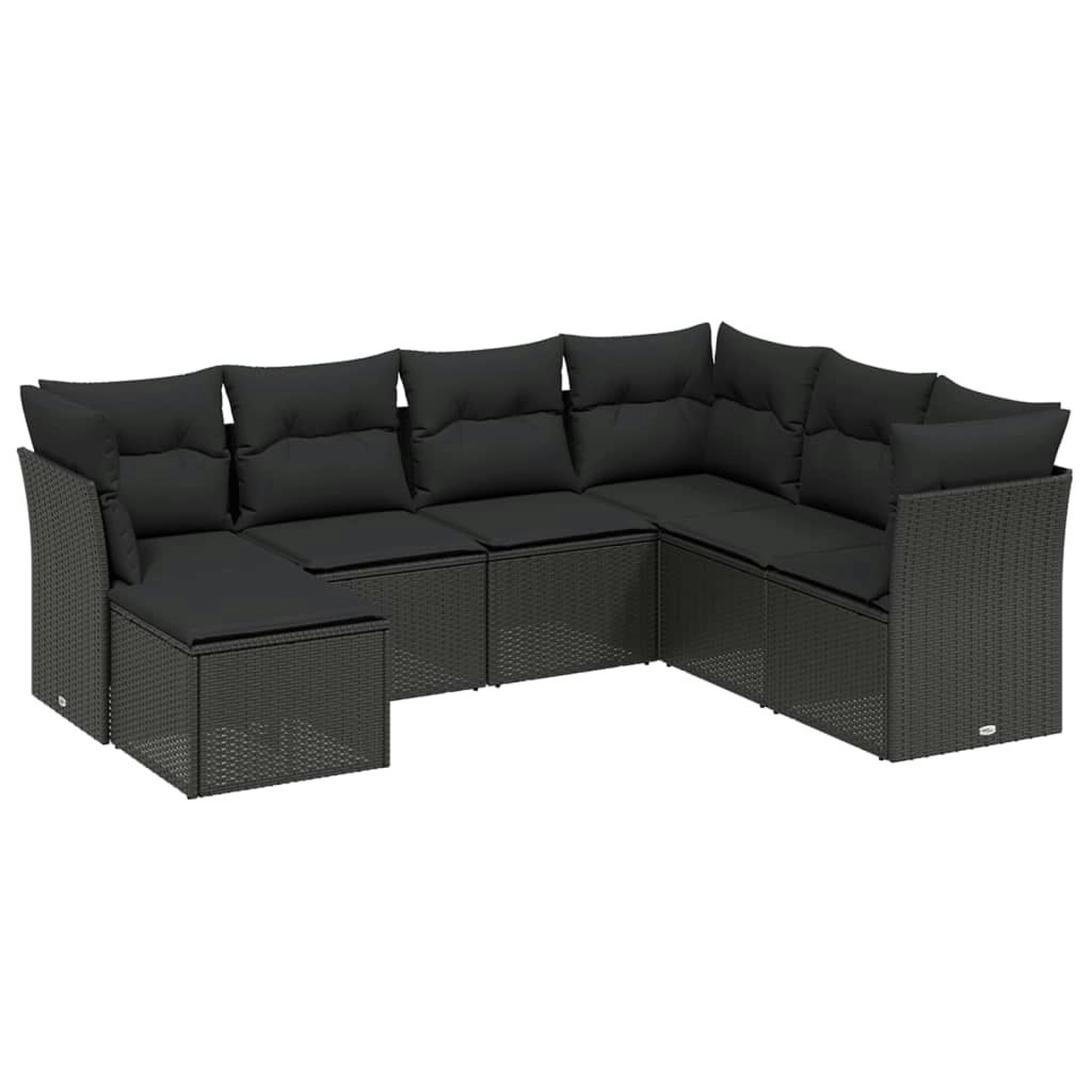 7 Piece Garden Sofa Set with Cushions Black Poly Rattan 3263211