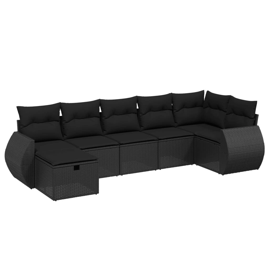 7 Piece Garden Sofa Set with Cushions Black Poly Rattan 3264121