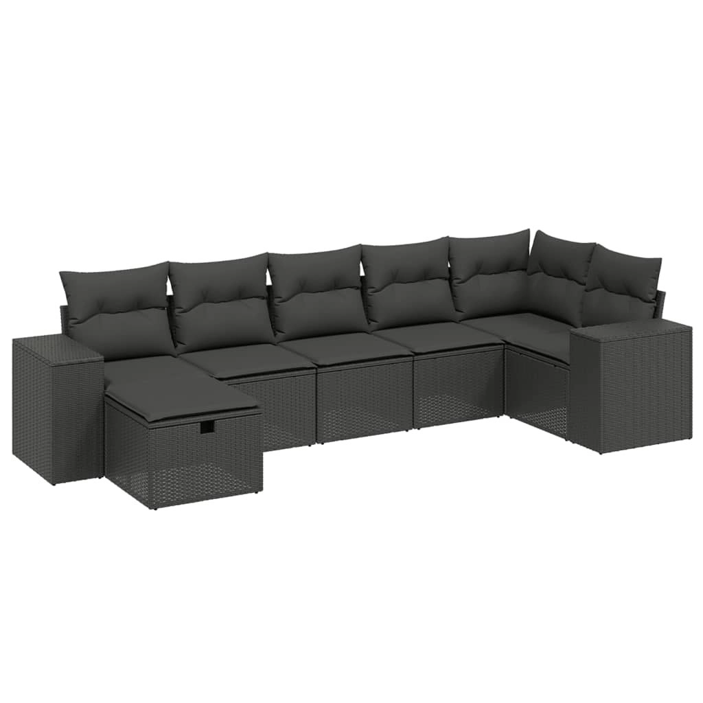 7 Piece Garden Sofa Set with Cushions Black Poly Rattan 3264451