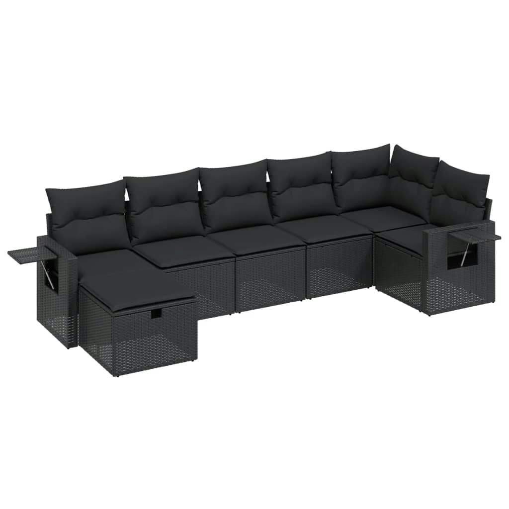 7 Piece Garden Sofa Set with Cushions Black Poly Rattan 3263811