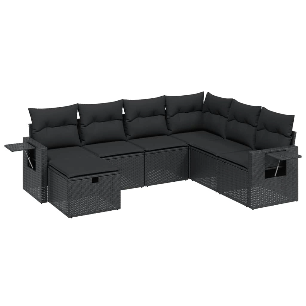 7 Piece Garden Sofa Set with Cushions Black Poly Rattan 3263831