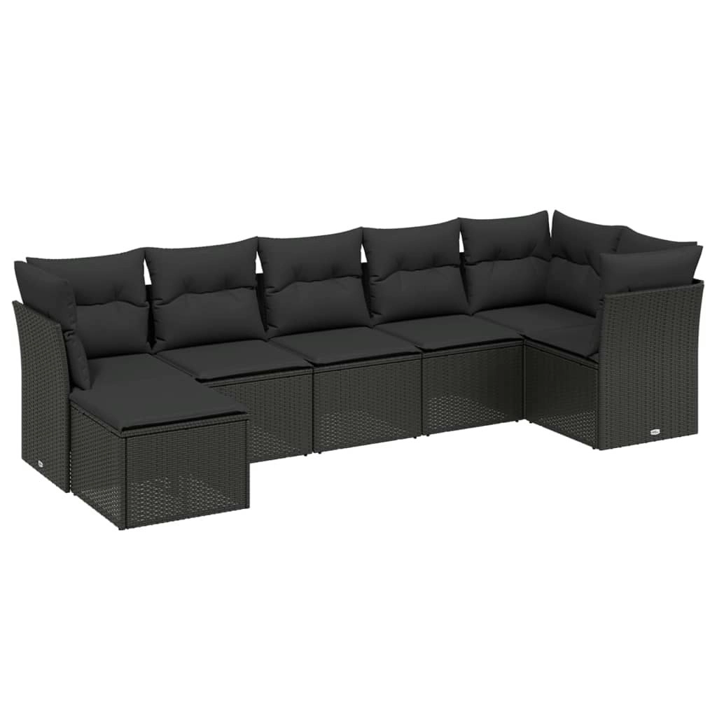 7 Piece Garden Sofa Set with Cushions Black Poly Rattan 3263191