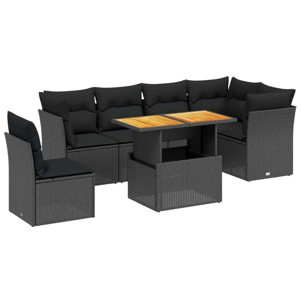 7 Piece Garden Sofa Set with Cushions Black Poly Rattan 3270852