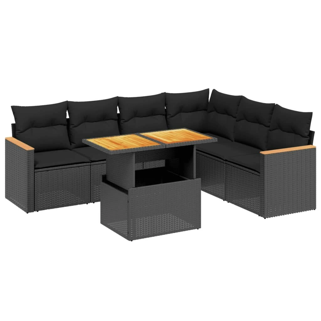 7 Piece Garden Sofa Set with Cushions Black Poly Rattan 3273092