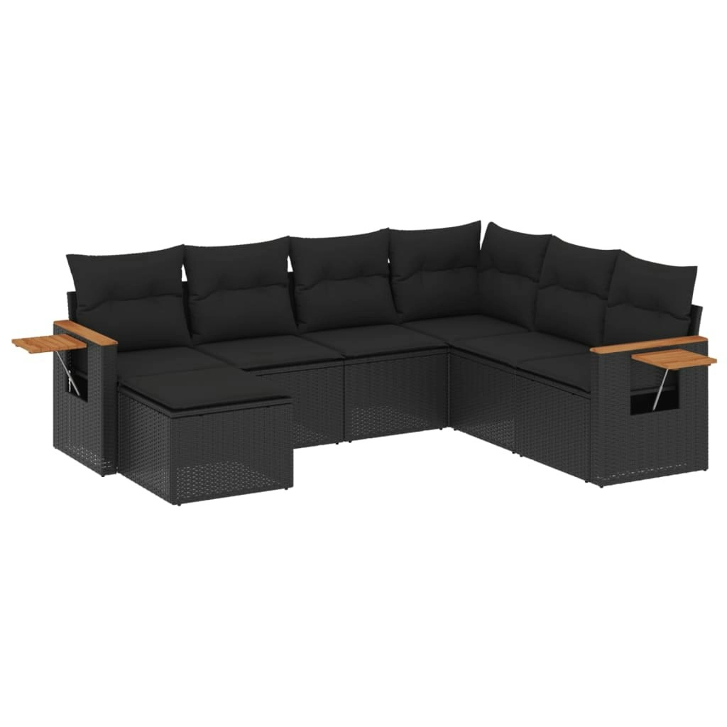 7 Piece Garden Sofa Set with Cushions Black Poly Rattan 3227042