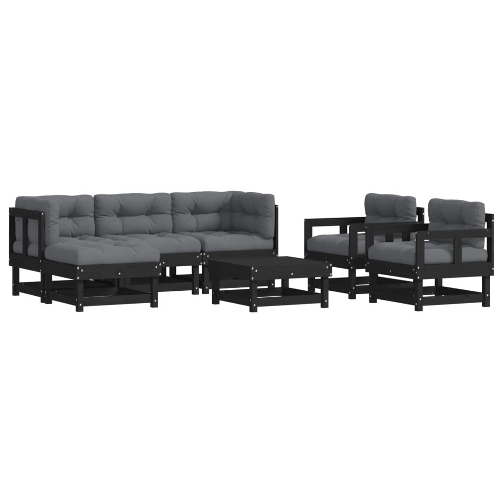 7 Piece Garden Lounge Set with Cushions Black Solid Wood 3185812