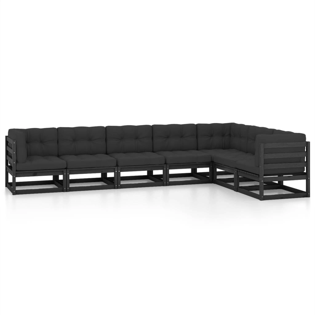 7 Piece Garden Lounge Set with Cushions Black Solid Pinewood 3076798