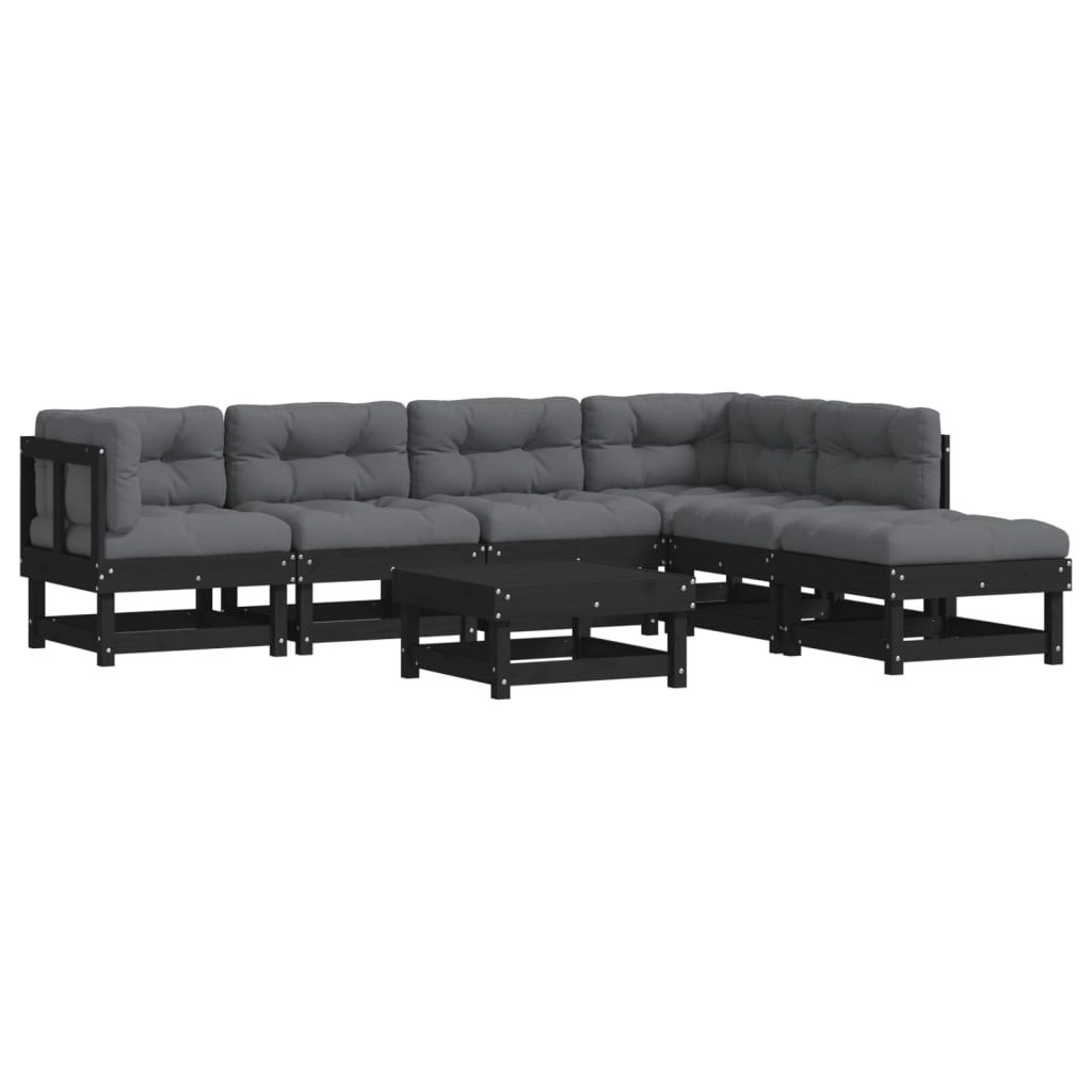 7 Piece Garden Lounge Set with Cushions Black Solid Wood 3185959