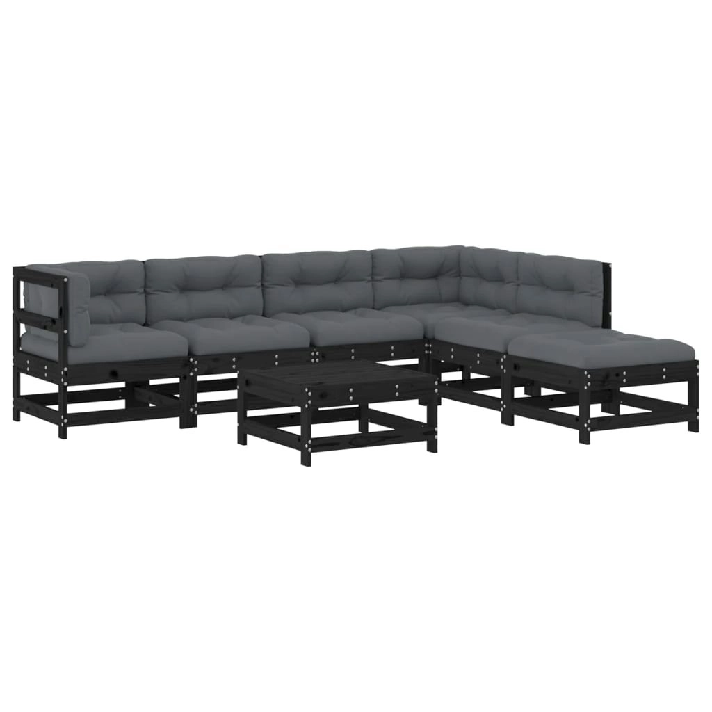 7 Piece Garden Lounge Set with Cushions Black Solid Wood 3185966