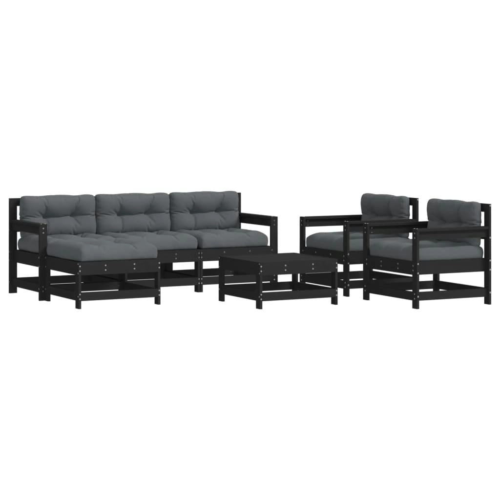 7 Piece Garden Lounge Set with Cushions Black Solid Wood 3185833