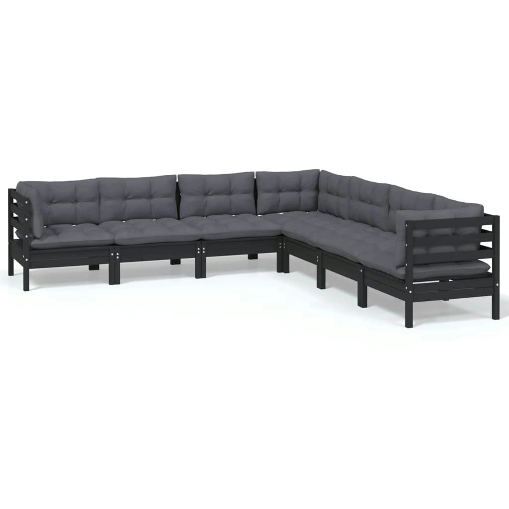 7 Piece Garden Lounge Set with Cushions Black Solid Pinewood 3096795