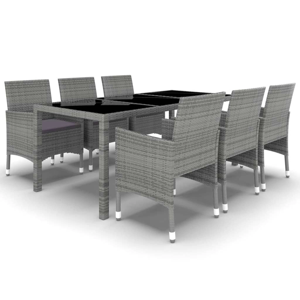 7 Piece Garden Dining Set Poly Rattan and Tempered Glass Grey 3058439