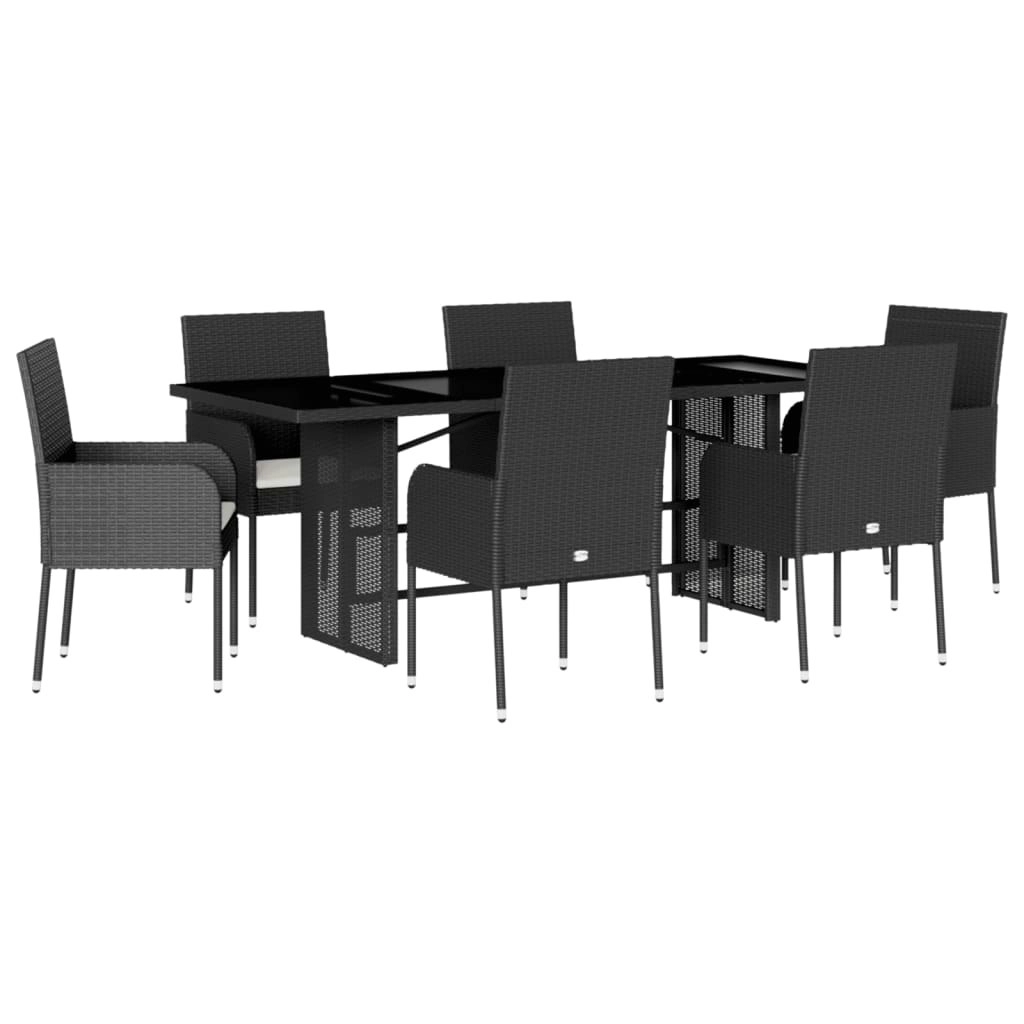 7 Piece Garden Dining Set with Cushions Black Poly Rattan 3213506