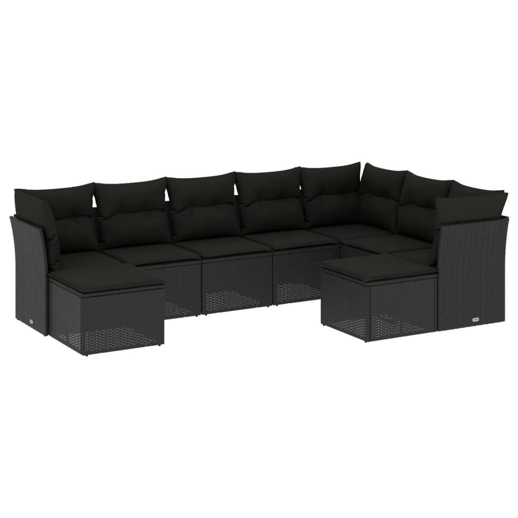 9 Piece Garden Sofa Set with Cushions Black Poly Rattan 3250404