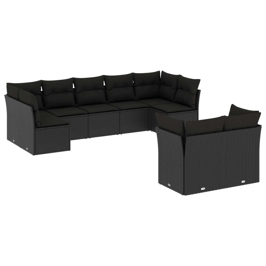 9 Piece Garden Sofa Set with Cushions Black Poly Rattan 3249984