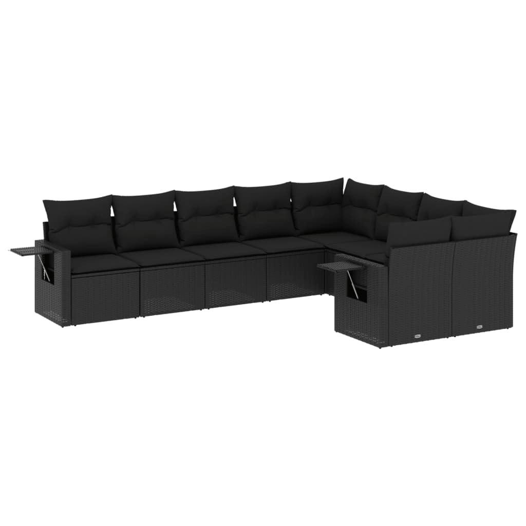 9 Piece Garden Sofa Set with Cushions Black Poly Rattan 3252972