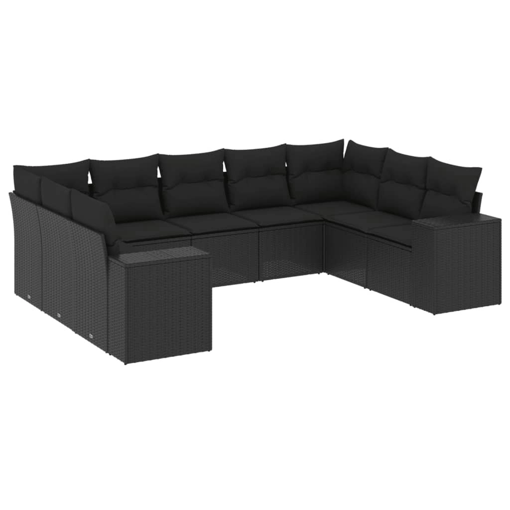 9 Piece Garden Sofa Set with Cushions Black Poly Rattan 3255332