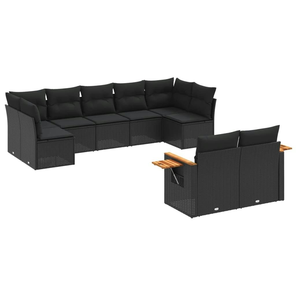 9 Piece Garden Sofa Set with Cushions Black Poly Rattan 3259528