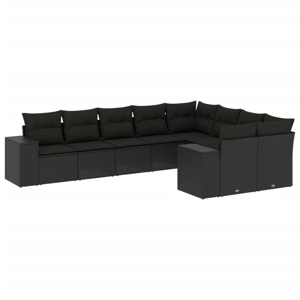 9 Piece Garden Sofa Set with Cushions Black Poly Rattan 3255372