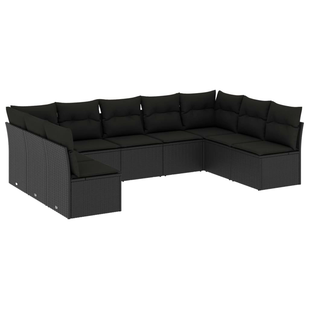 9 Piece Garden Sofa Set with Cushions Black Poly Rattan 3249904