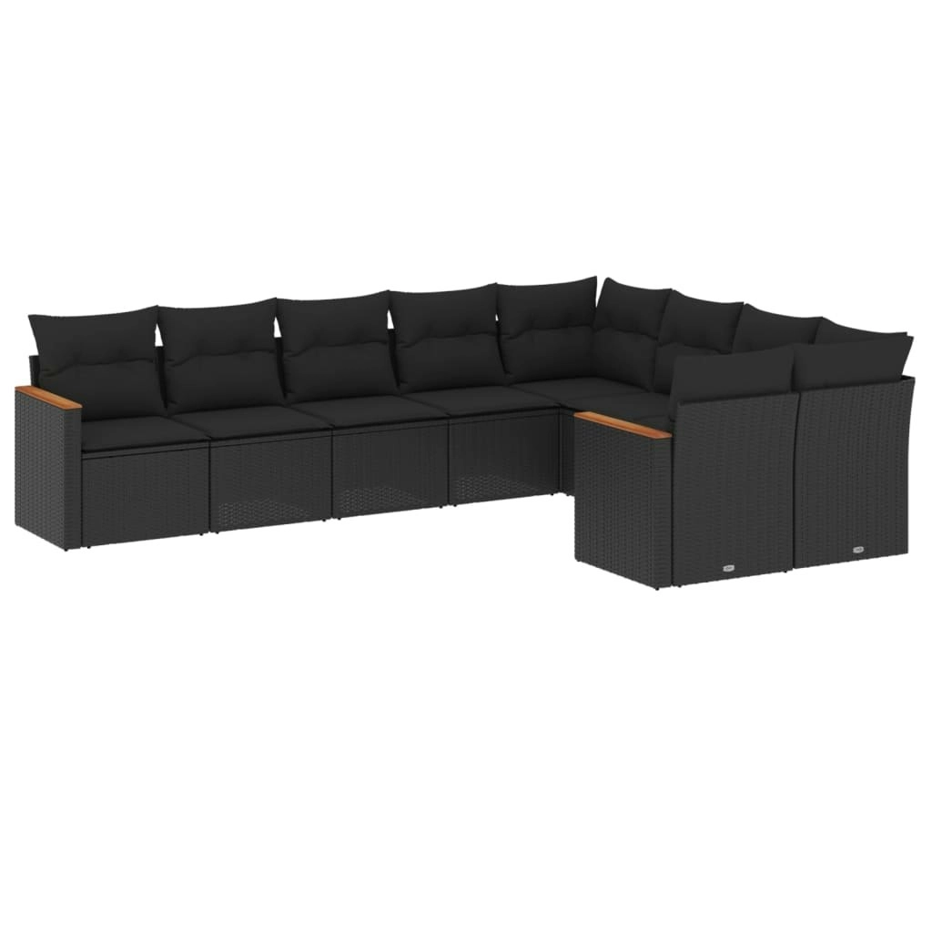 9 Piece Garden Sofa Set with Cushions Black Poly Rattan 3226300