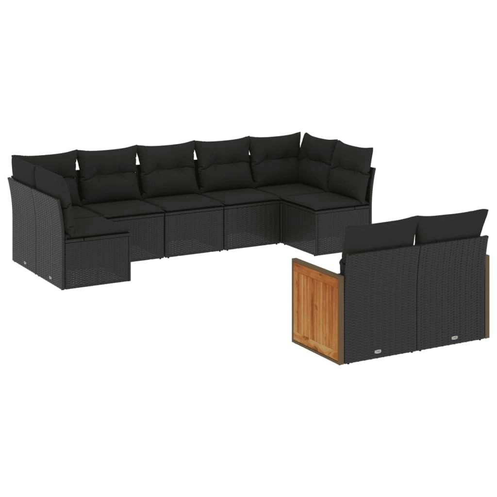 9 Piece Garden Sofa Set with Cushions Black Poly Rattan 3227966