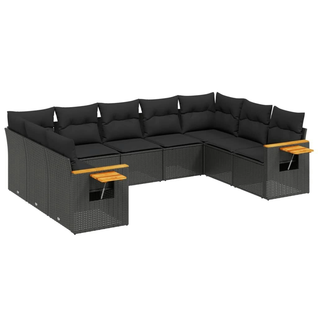 9 Piece Garden Sofa Set with Cushions Black Poly Rattan 3227112