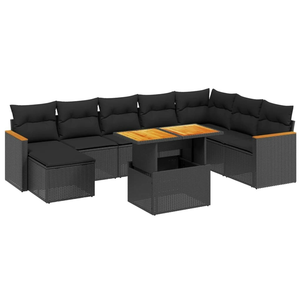 9 Piece Garden Sofa Set with Cushions Black Poly Rattan 3273211