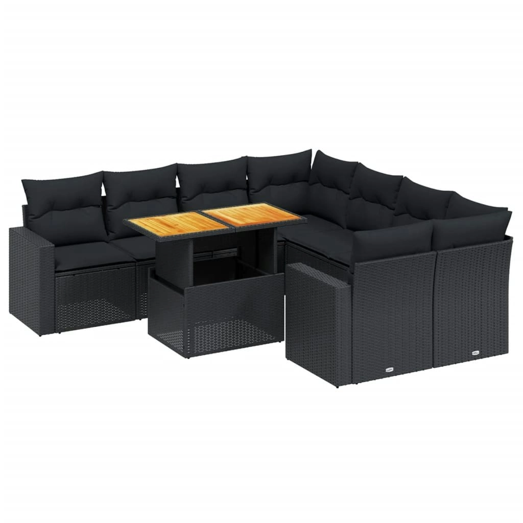 9 Piece Garden Sofa Set with Cushions Black Poly Rattan 3271237