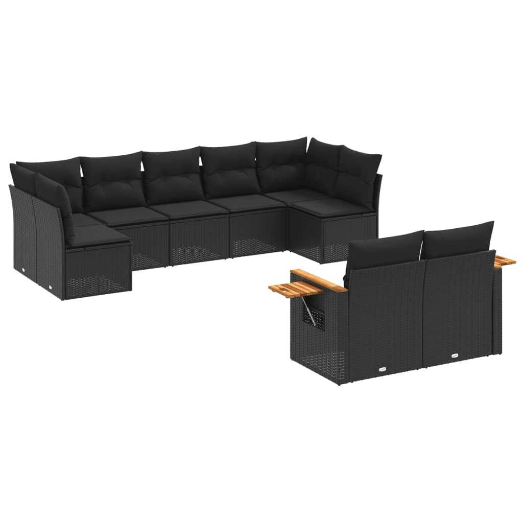 9 Piece Garden Sofa Set with Cushions Black Poly Rattan 3227126