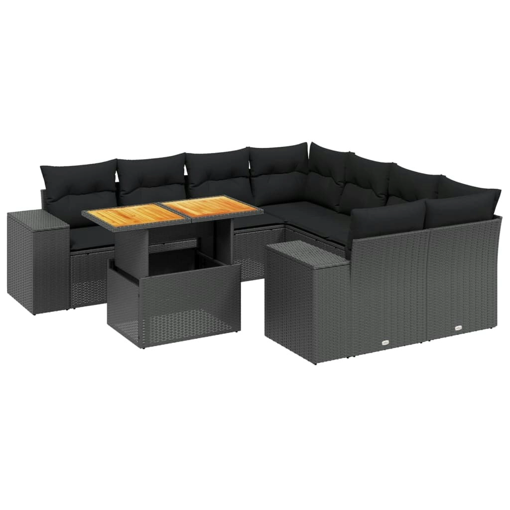 9 Piece Garden Sofa Set with Cushions Black Poly Rattan 3272560