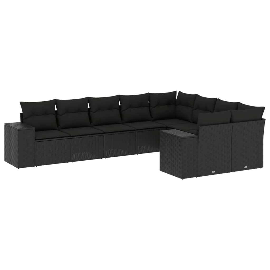 9 Piece Garden Sofa Set with Cushions Black Poly Rattan 3223034