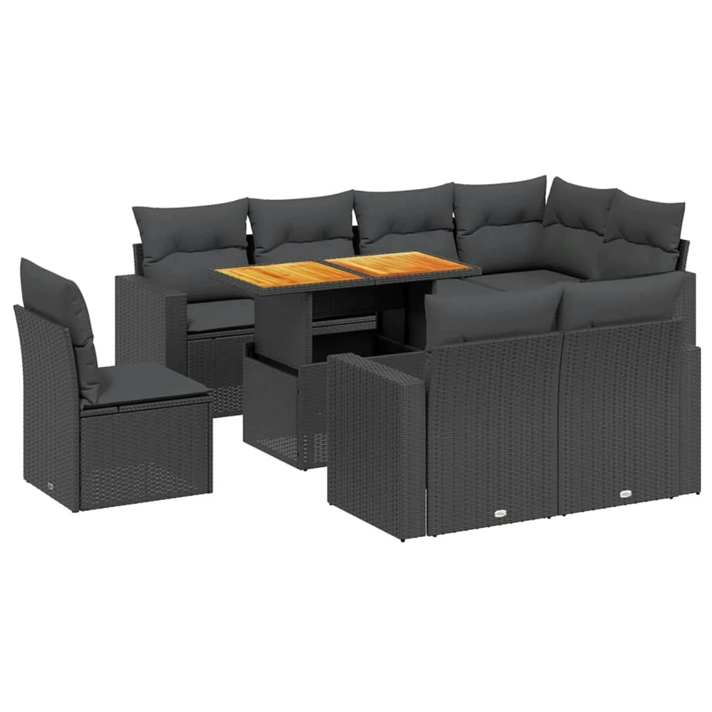 9 Piece Garden Sofa Set with Cushions Black Poly Rattan 3271405