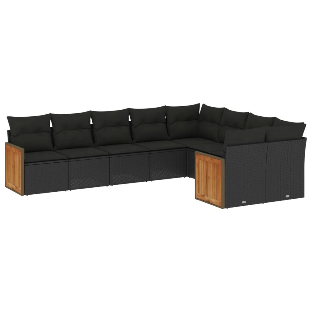 9 Piece Garden Sofa Set with Cushions Black Poly Rattan 3227980