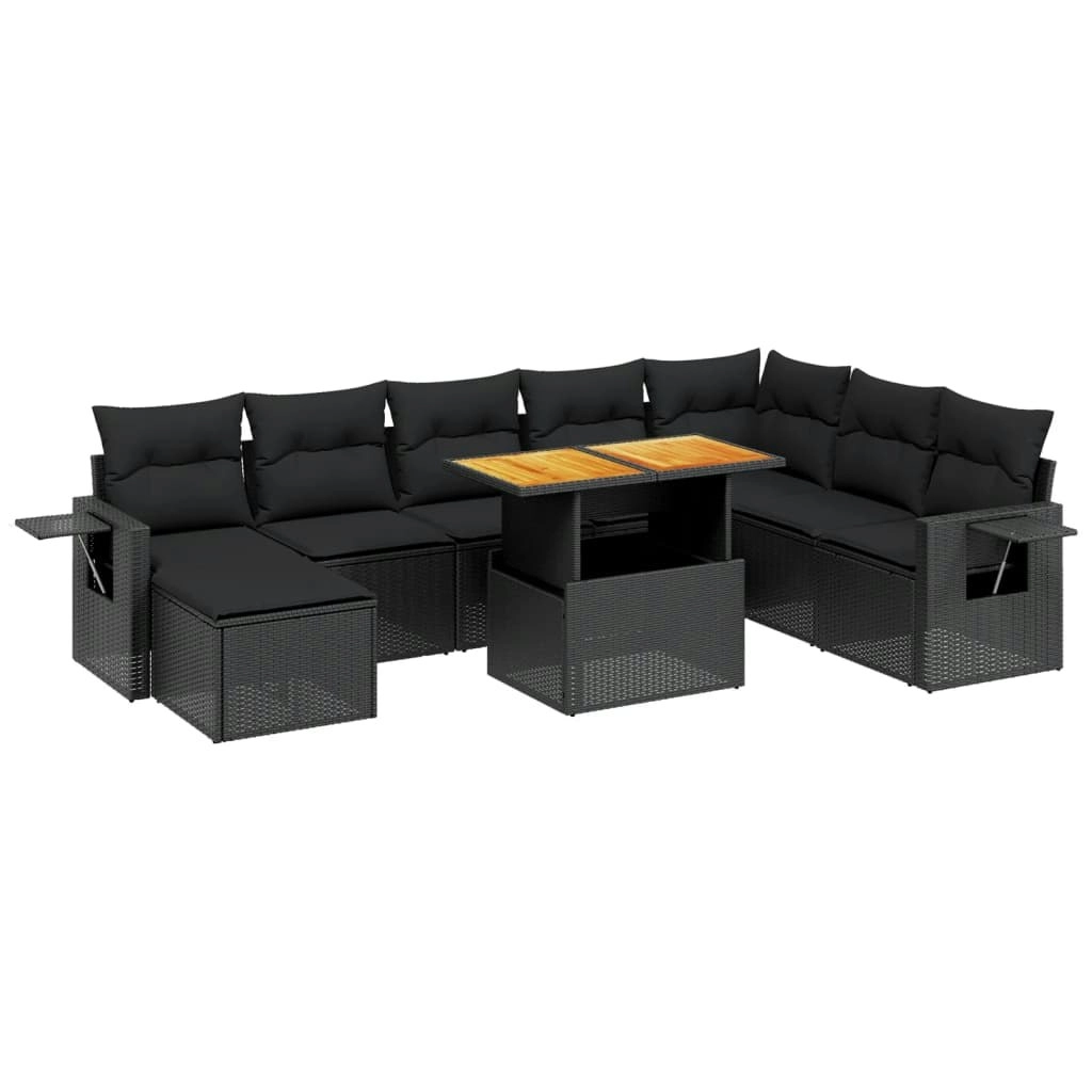 9 Piece Garden Sofa Set with Cushions Black Poly Rattan 3275736