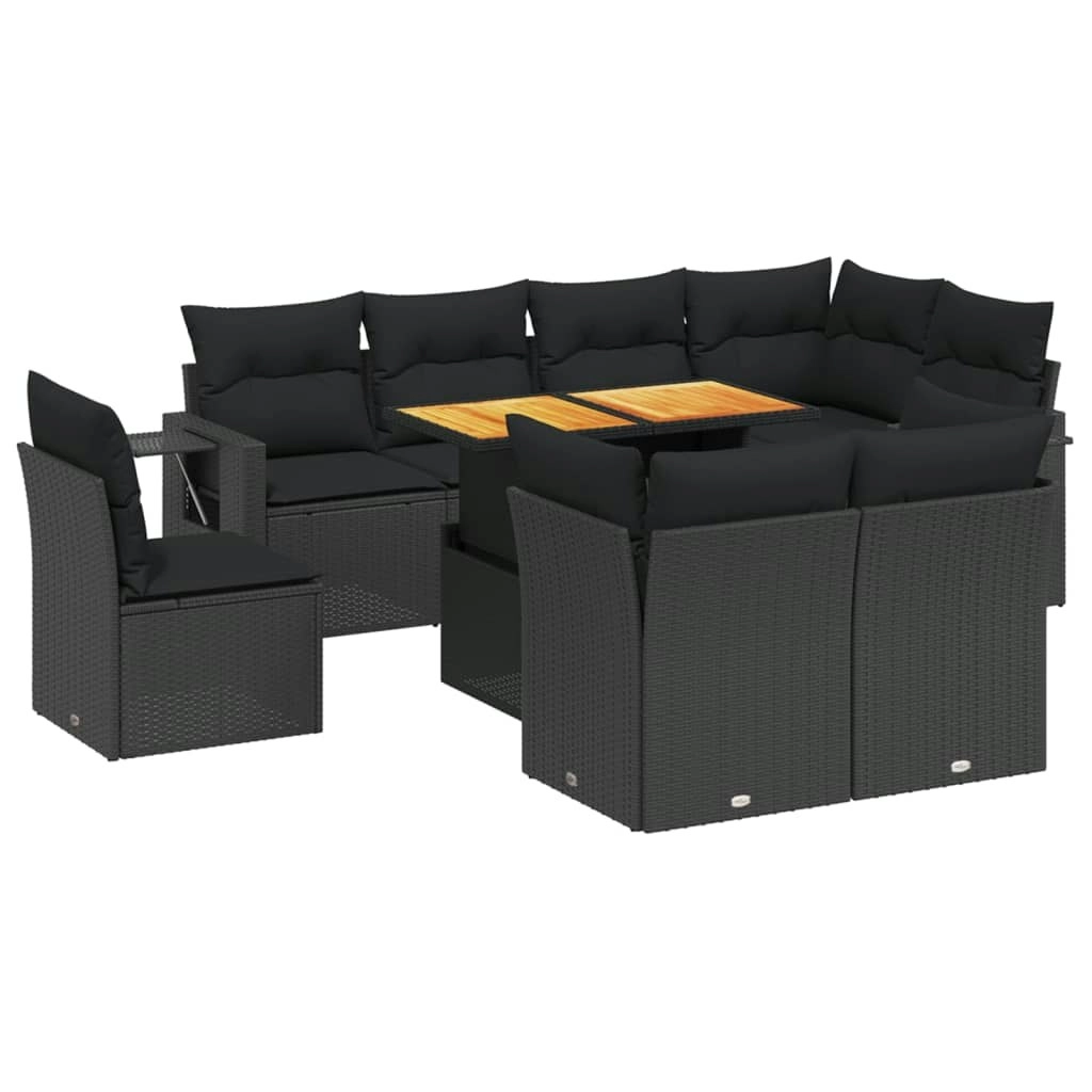 9 Piece Garden Sofa Set with Cushions Black Poly Rattan 3271846