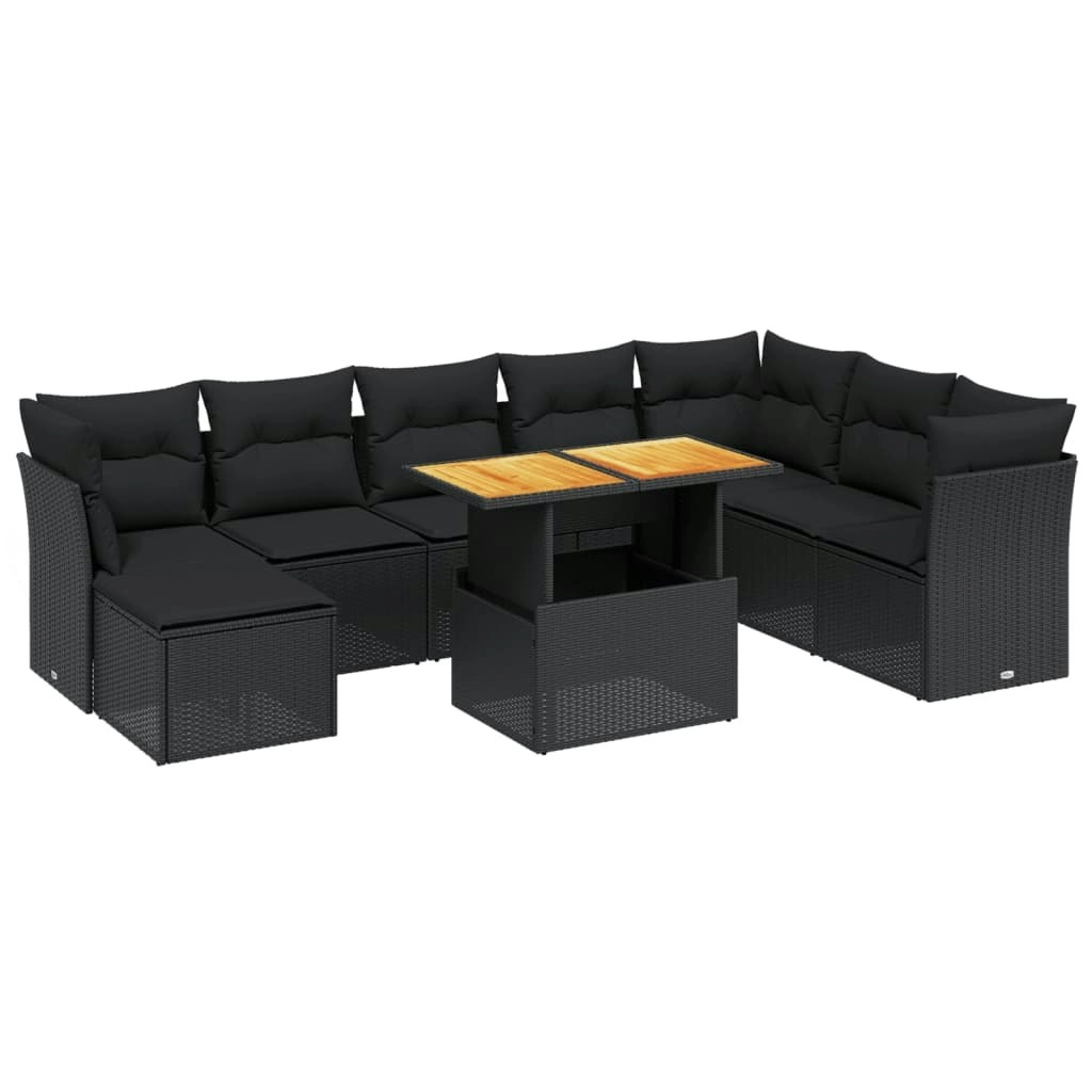 9 Piece Garden Sofa Set with Cushions Black Poly Rattan 3275512