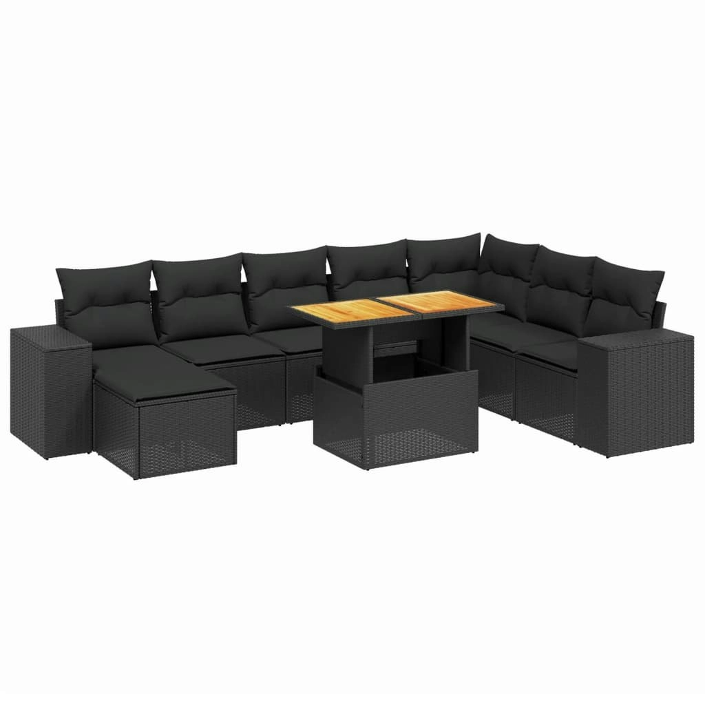 9 Piece Garden Sofa Set with Cushions Black Poly Rattan 3275960