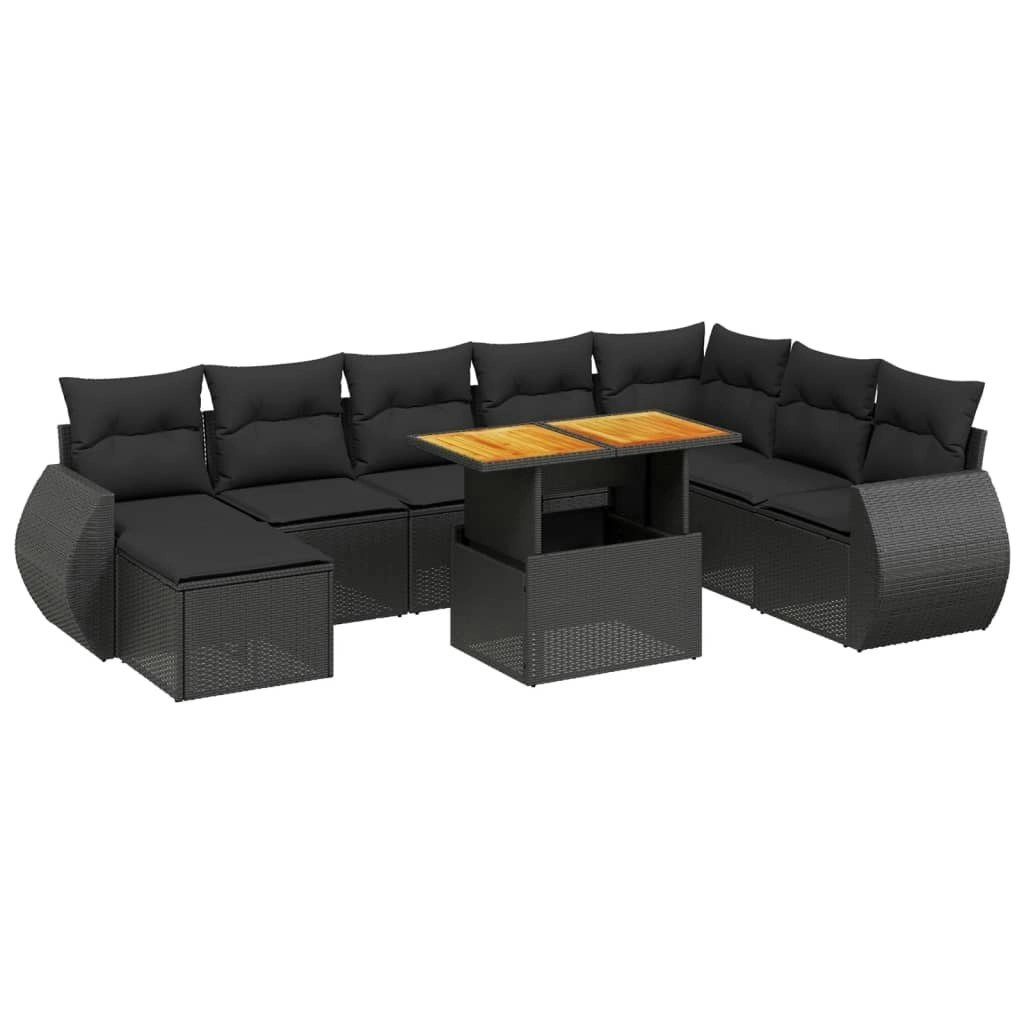 9 Piece Garden Sofa Set with Cushions Black Poly Rattan 3275848