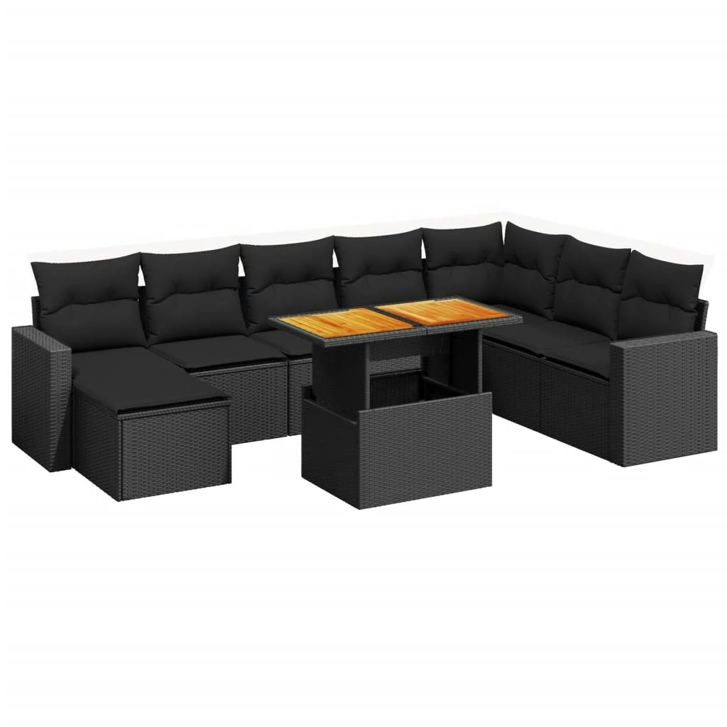 9 Piece Garden Sofa Set with Cushions Black Poly Rattan 3275624