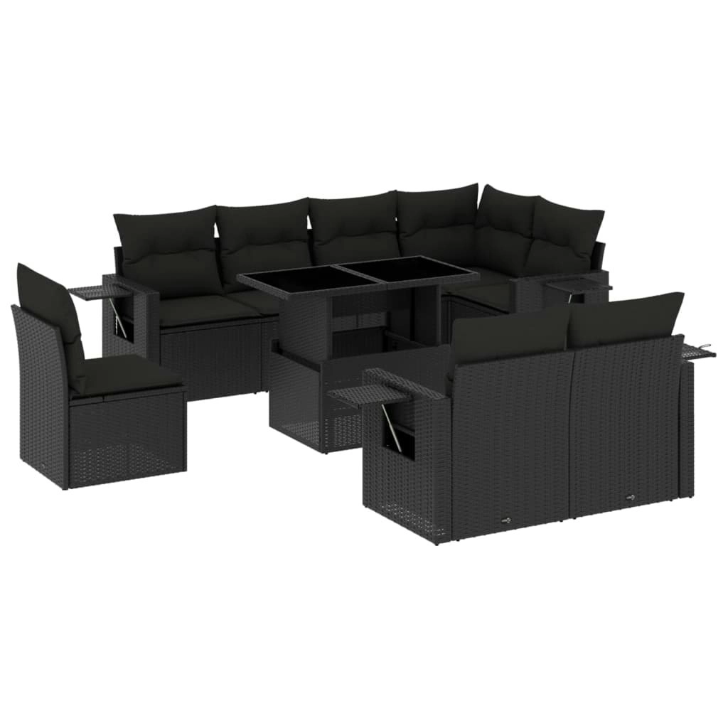 9 Piece Garden Sofa Set with Cushions Black Poly Rattan 3268035