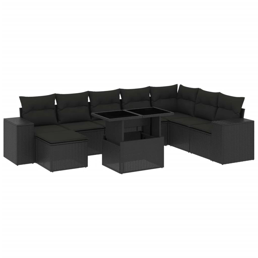 9 Piece Garden Sofa Set with Cushions Black Poly Rattan 3269355