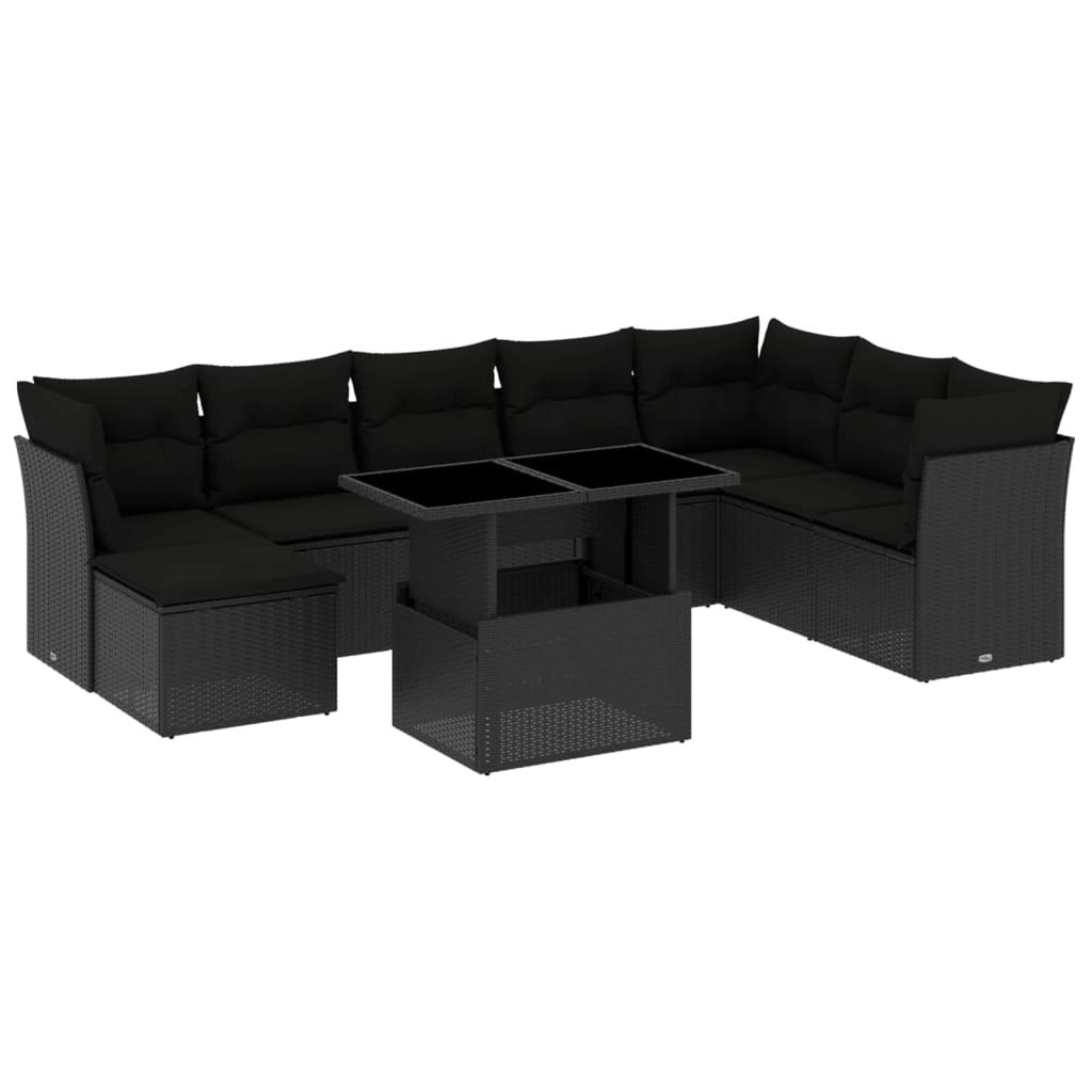 9 Piece Garden Sofa Set with Cushions Black Poly Rattan 3266785