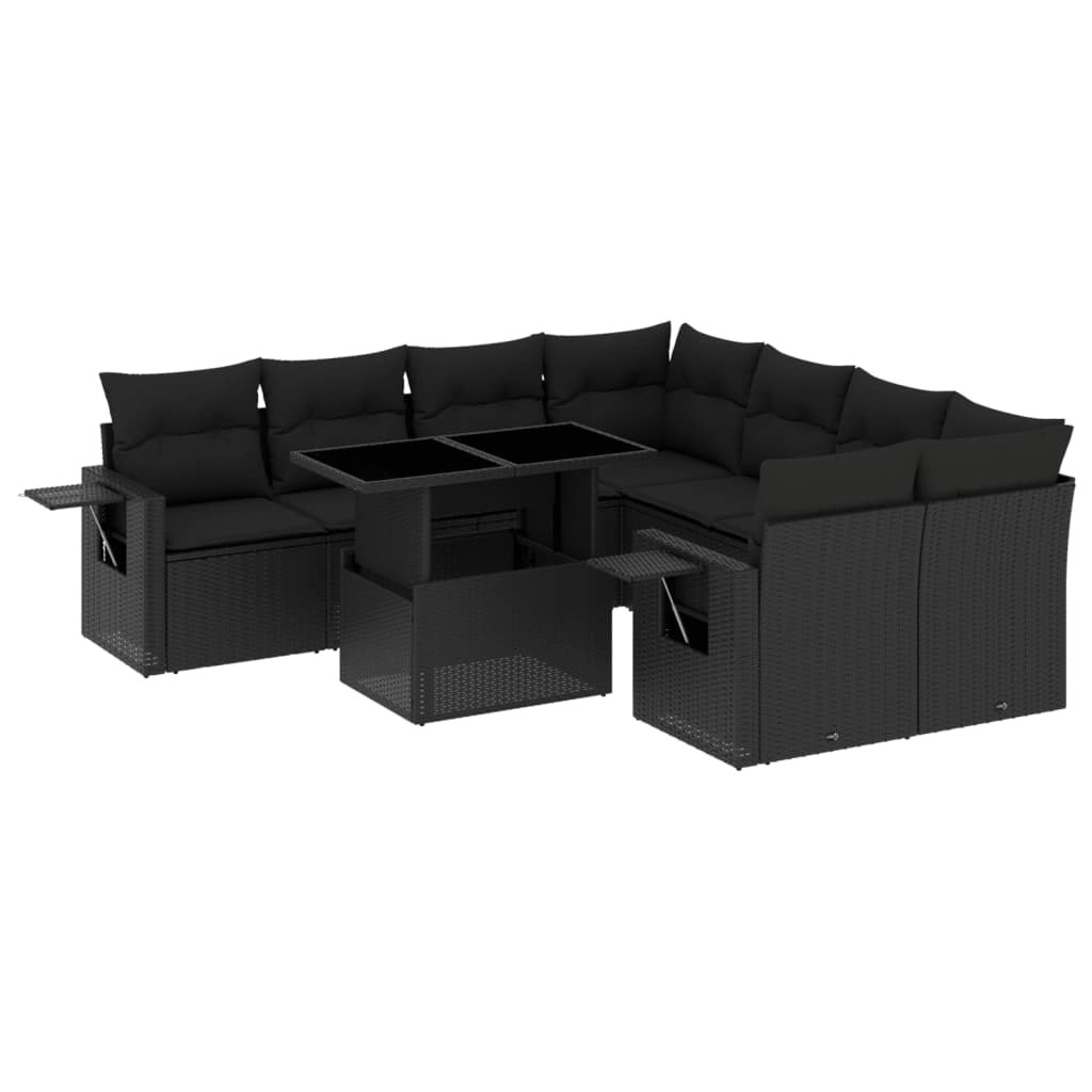 9 Piece Garden Sofa Set with Cushions Black Poly Rattan 3267795